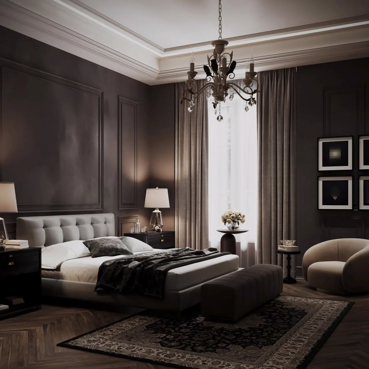Сlassy dark bedroom 3D render